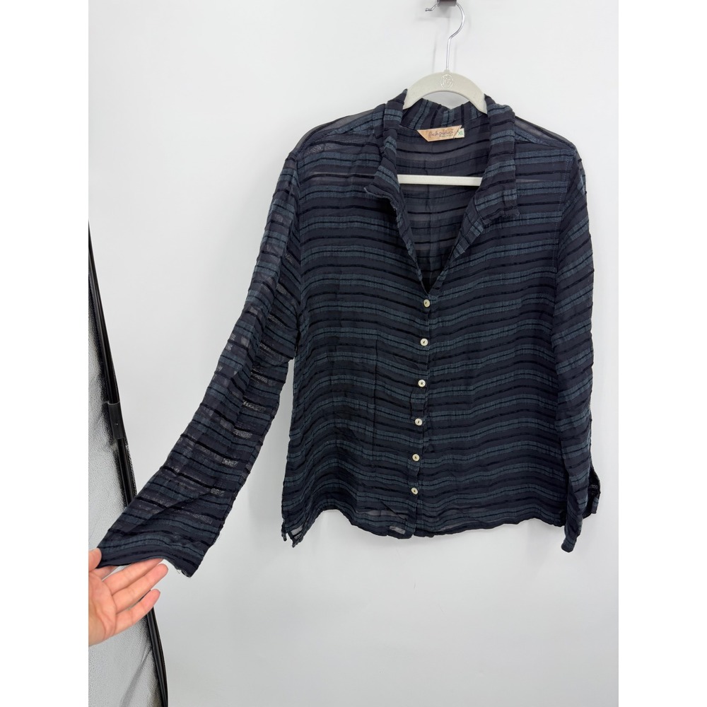 Fresh Produce 5550 Button Front Blouse Women XL Navy Striped Linen‎ Blend Sheer